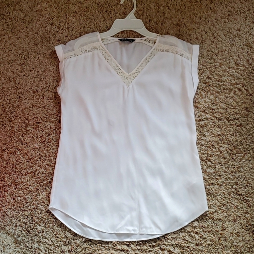 Express size small tunic short sleeve white blouse lace detail